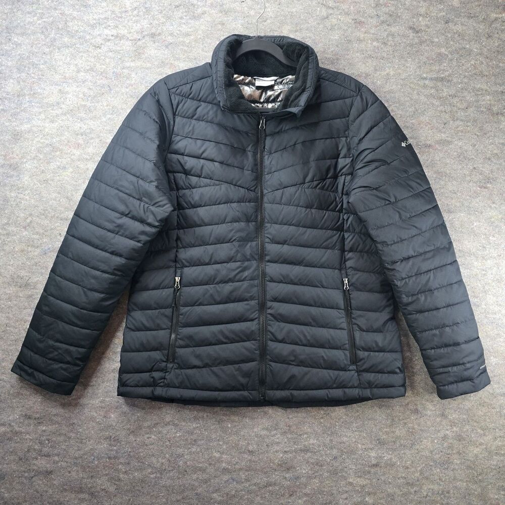 Columbia Black Powder Lite Omni-Heat Puffer Jacket Womens L Fleece Lined Collar